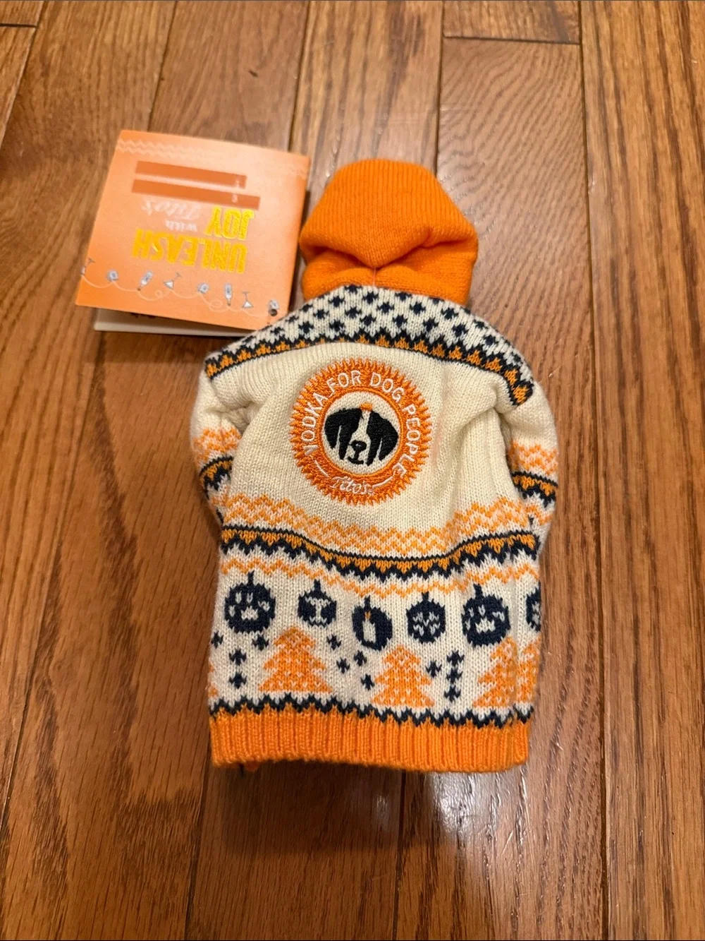 Tito's Orange & Cream Knit Hoodie Sweater bottle topper. A1